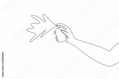 Single continuous line drawing hand spraying perfume. The best way to know scent of perfume. Testing the spray hole. Refreshing woody scent. National Perfume Day. One line design vector illustration