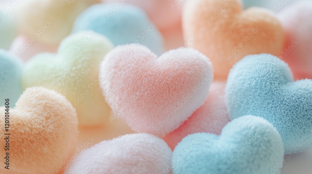 Arrangement of pastel hearts in various light shades. The heart looks soft and fluffy with a luxurious texture. and contrasted with a gentle pastel gradient background. Arrangement of pastel hearts in various light shades. The heart looks soft and fluffy with a luxurious texture. and contrasted with a gentle pastel gradient background.