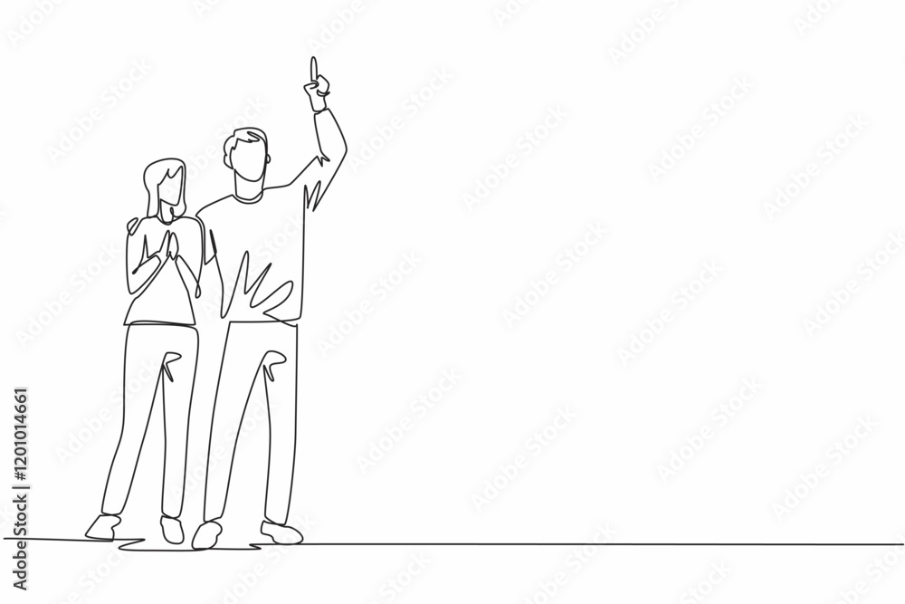 Single continuous line drawing a man in casual clothes embraces a woman with his hand pointing upwards. Showing beautiful constellations. Look Up at The Sky Day. One line design vector illustration Single continuous line drawing a man in casual clothes embraces a woman with his hand pointing upwards. Showing beautiful constellations. Look Up at The Sky Day. One line design vector illustration