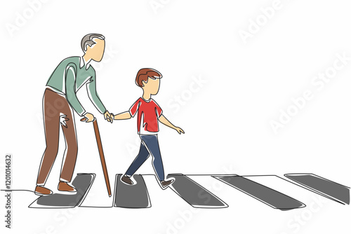 Single continuous line drawing a boy helps a hunchbacked old man with a stick cross the road on a zebra crossing. A real action to inspire all. Good Deeds Day. One line design vector illustration
