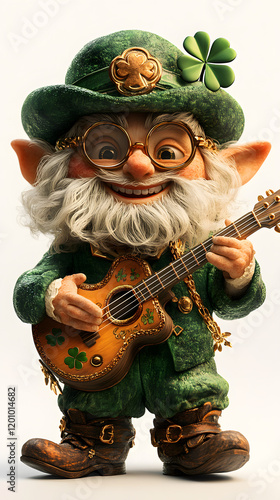 Charming leprechaun playing a guitar while wearing green attire with clover decorations