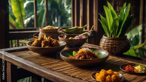 Traditional Indonesian food authentic Indonesian cuisine rendang and satay photography nasi tumpeng artistic display indonesian food advertising makanan tradisional Indonesia indonesian culinary photo