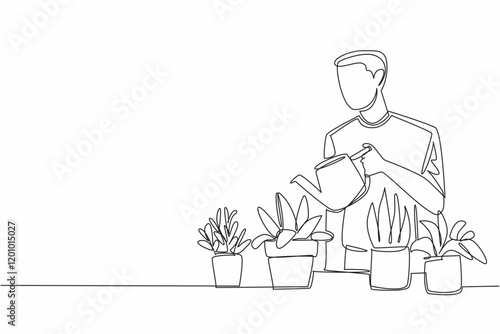 Continuous one line drawing a man watering potted plants using a watering can. A very good hobby for the earth. Greening. Nature. National Gardening Day. Single line draw design vector illustration