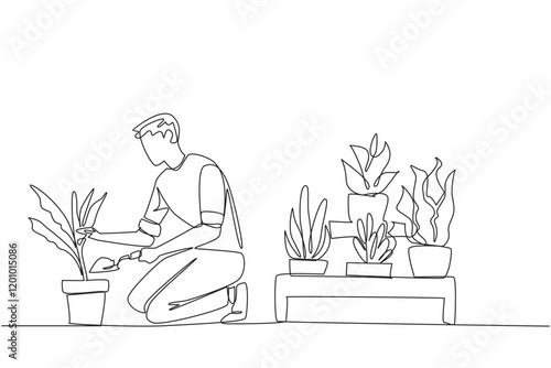 Single continuous line drawing a man in casual clothes kneeling on the floor while sprinkling soil from a shovel. Care with full patience. National Gardening Day. One line design vector illustration