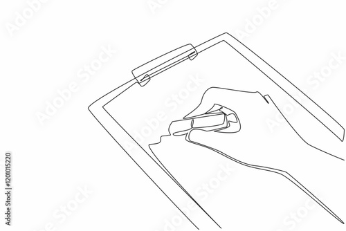 Single one line drawing hand is erasing writing on paper on clipboard with a rubber eraser. Delete unnecessary notes. Efficient. National Rubber Eraser Day. Continuous line design graphic illustration