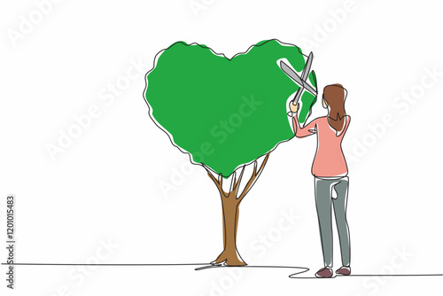 Continuous one line drawing woman cuts plant and shapes it into heart shape. Unique hobby of caring for plants and with full heart. National Gardening Day. Single line draw design vector illustration