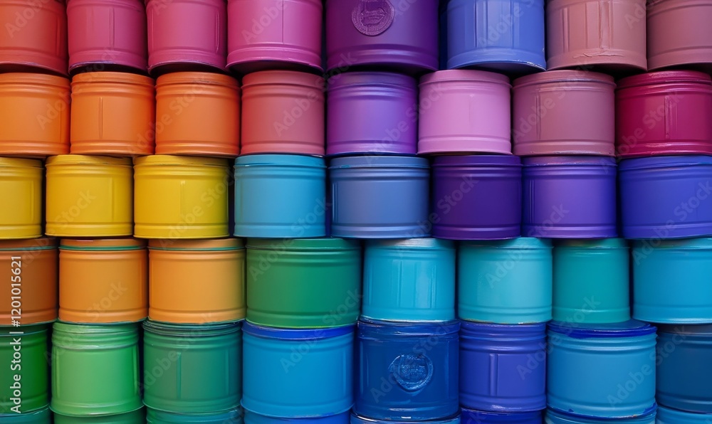 Stacked colorful round containers create a vibrant pattern. Stacked colorful round containers create a vibrant pattern.