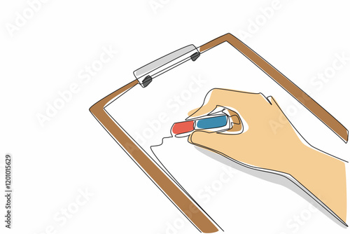 Single one line drawing hand is erasing writing on paper on clipboard with a rubber eraser. Delete unnecessary notes. Efficient. National Rubber Eraser Day. Continuous line design graphic illustration
