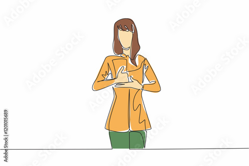 Continuous one line drawing a woman in casual clothes makes a hand gesture. A help gesture in sign language. Code. National American Sign Language Day. Single line draw design vector illustration