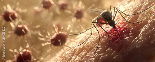 A detailed close-up image of an Aedes aegypti mosquito feeding on human skin, captured with dramatic lighting and focus on its body features against a teal background, emphasizing its intricate anatom photo