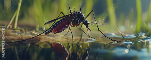 A detailed close-up image of an Aedes aegypti mosquito feeding on human skin, captured with dramatic lighting and focus on its body features against a teal background, emphasizing its intricate anatom photo