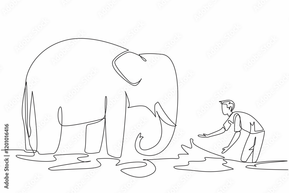 Obraz premium Single one line drawing a man is playing while watering an adult elephant. A zookeeper who knows the ins and outs of animals. Caring. Save The Elephant Day. Continuous line design graphic illustration