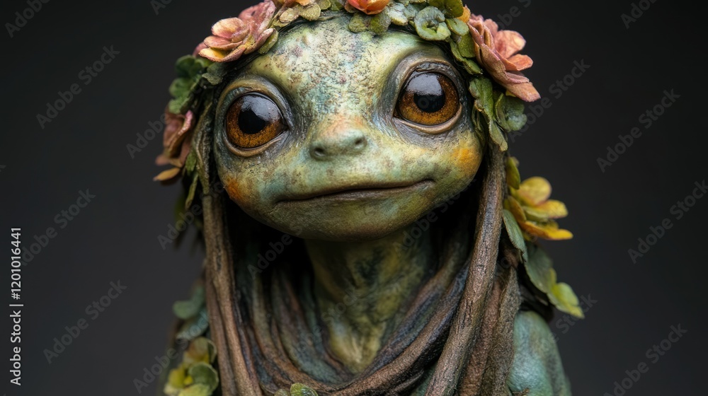 Whimsical Creature Portrait with Floral Headpiece in Studio Setting Whimsical Creature Portrait with Floral Headpiece in Studio Setting