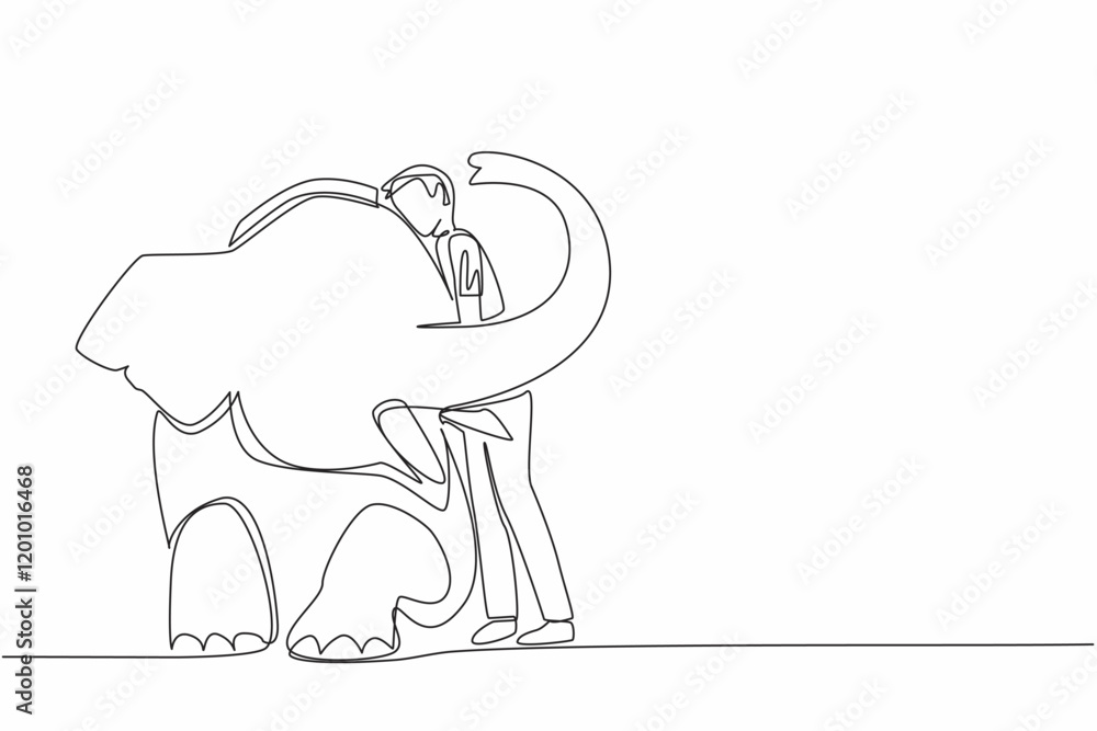 Single one line drawing man in casual clothes standing while hugging sitting elephant. Zookeeper. Taking care of animals with care. Save The Elephant Day. Continuous line design graphic illustration Single one line drawing man in casual clothes standing while hugging sitting elephant. Zookeeper. Taking care of animals with care. Save The Elephant Day. Continuous line design graphic illustration