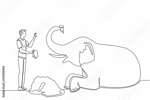 Single continuous line drawing a man standing in front of a sitting elephant holding a pile of grass. Feeding the best quality grass. Care. Save The Elephant Day. One line design vector illustration