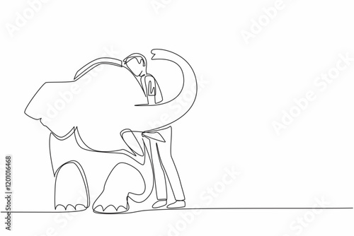 Single one line drawing man in casual clothes standing while hugging sitting elephant. Zookeeper. Taking care of animals with care. Save The Elephant Day. Continuous line design graphic illustration