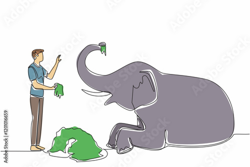 Single continuous line drawing a man standing in front of a sitting elephant holding a pile of grass. Feeding the best quality grass. Care. Save The Elephant Day. One line design vector illustration