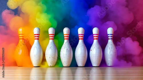 Colorful bowling pins arranged in a striking rainbow background highlighting sporting activity and fun atmosphere