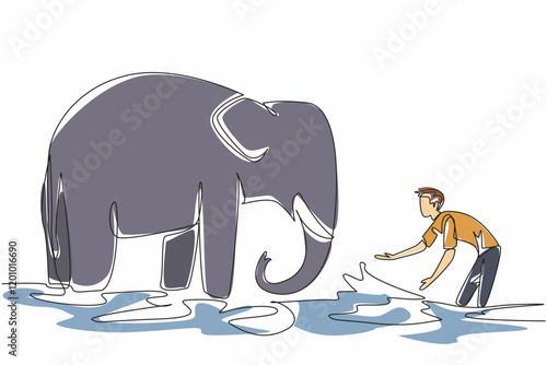 Single one line drawing a man is playing while watering an adult elephant. A zookeeper who knows the ins and outs of animals. Caring. Save The Elephant Day. Continuous line design graphic illustration