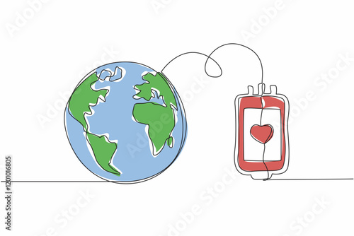 Continuous one line drawing globe connected to blood bag. Public awareness of hemophilia. Be aware of the symptoms. Sharing is caring. World Hemophilia Day. Single line draw design vector illustration