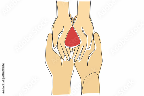 Single one line drawing symbol of blood drops on the palm of a small child. Less fortunate children who need more attention. Caring. World Hemophilia Day. Continuous line design graphic illustration