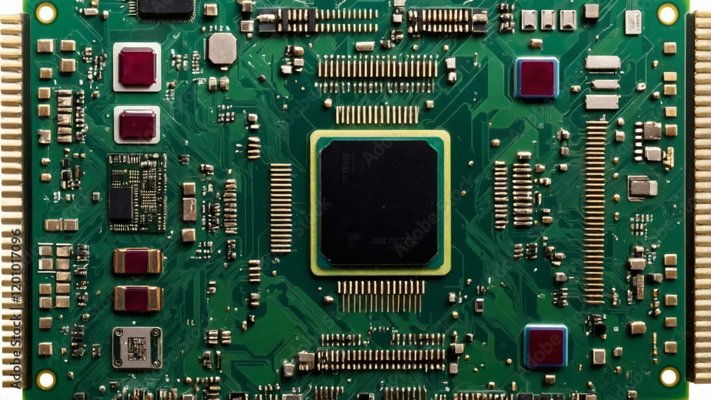Close-up of a green printed circuit board with electronic components and a microchip Close-up of a green printed circuit board with electronic components and a microchip