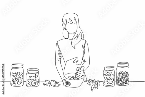 Single one line drawing woman wearing an apron is grinding herbs in bowl of herbalist. The contents of the jar are filled with herbal plants. Herbalist Day. Continuous line design graphic illustration