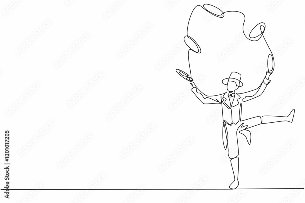 Single continuous line drawing male juggler playing ring juggling. Very extraordinary balance. Skillful hands. Captivate the audience. International Jugglers Day. One line design vector illustration Single continuous line drawing male juggler playing ring juggling. Very extraordinary balance. Skillful hands. Captivate the audience. International Jugglers Day. One line design vector illustration