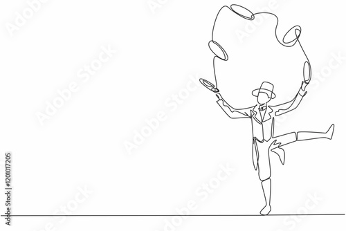 Single continuous line drawing male juggler playing ring juggling. Very extraordinary balance. Skillful hands. Captivate the audience. International Jugglers Day. One line design vector illustration