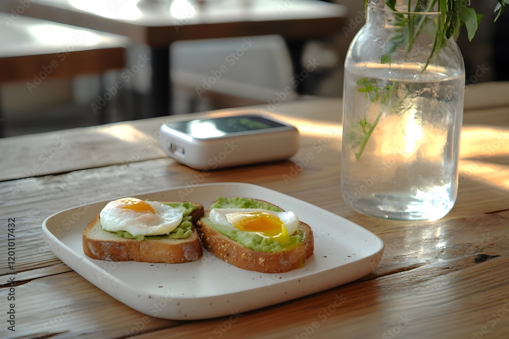 Avocado toast with poached eggs, fitness tracker, and water glass, illustrating the concept of healthy food for healthy life Avocado toast with poached eggs, fitness tracker, and water glass, illustrating the concept of healthy food for healthy life