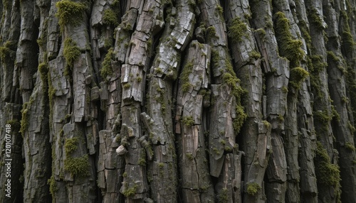 Textured bark of ancient trees with moss photo