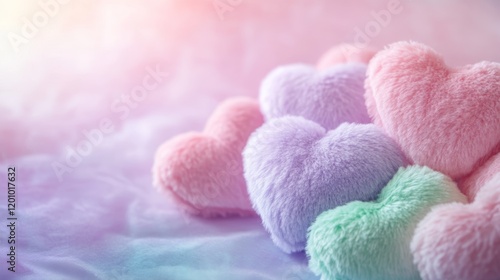 A scene filled with pastel fluffy hearts floating on a pastel background.