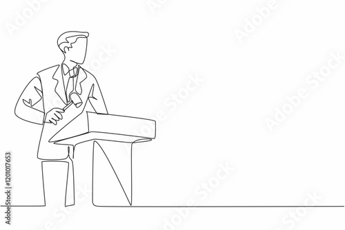 Continuous one line drawing male auctioneer standing at wooden podium with wooden hammer. Get ready to count down to best deals. National Auctioneers Day. Single line draw design vector illustration