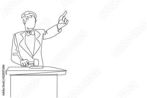 Single one line drawing male auctioneer dressed in suit and bow tie standing at wooden podium. Elegant style of auction leader. National Auctioneers Day. Continuous line design graphic illustration