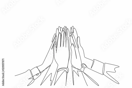 Single continuous line drawing some hands doing high five. Solid teamwork. Supporting each other. Encouraging. Symbol of shared victory. National High Five Day. One line design vector illustration