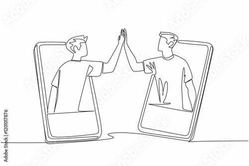 Single continuous line drawing two men with their bodies partially sticking out of smartphones then high-fiving. The goodness of technology. National High Five Day. One line design vector illustration