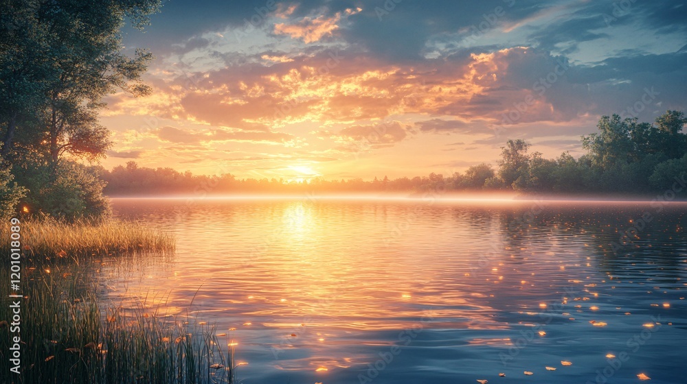 Obraz premium A peaceful lake glowing with radiant ripples and luminous pastel shores