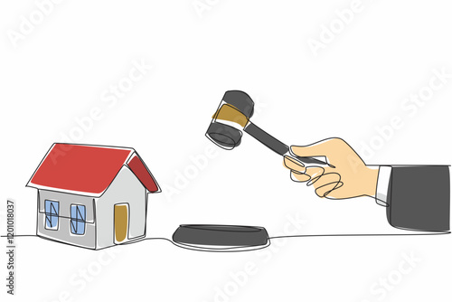 Single continuous line drawing hand holds wooden hammer and wanting to tap the bearing. Troubled home investment. Final auction decision. National Auctioneers Day. One line design vector illustration