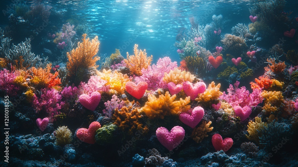 Naklejka premium A vibrant coral reef glowing with radiant heart-shaped plants and pastel waters