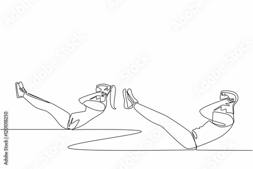 Single one line drawing young couple exercising at home. Train abdominal muscles to be firm. Sit up. To shape the abdominal muscles. National Exercise Day. Continuous line design graphic illustration