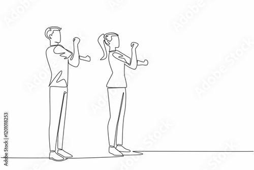 Continuous one line drawing the couple doing warm-up movements. Movements needed to avoid accidents during sports. Healthy together. National Exercise Day. Single line draw design vector illustration