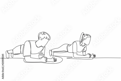 Continuous one line drawing young couple do plank workout exercise body weight lifting. Strong. Exercise. Fitness. Healthy life. National Exercise Day. Single line draw design vector illustration