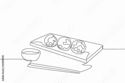 Single one line drawing 3 round rice balls on an oval wooden chopping board. Delicious when served with chili sauce. Chopsticks. National Rice Ball Day. Continuous line design graphic illustration