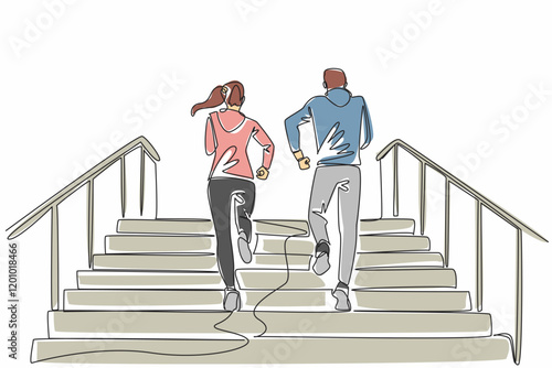 Single continuous line drawing young couples ran up the stairs together. Burn fat and calories in body in large quantities. Cardio exercise. National Exercise Day. One line design vector illustration