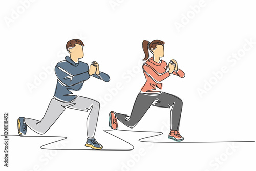 Single one line drawing young couple doing front squat on one leg forward with hands folded. Exercise. Activities to keep body fit. National Exercise Day. Continuous line design graphic illustration