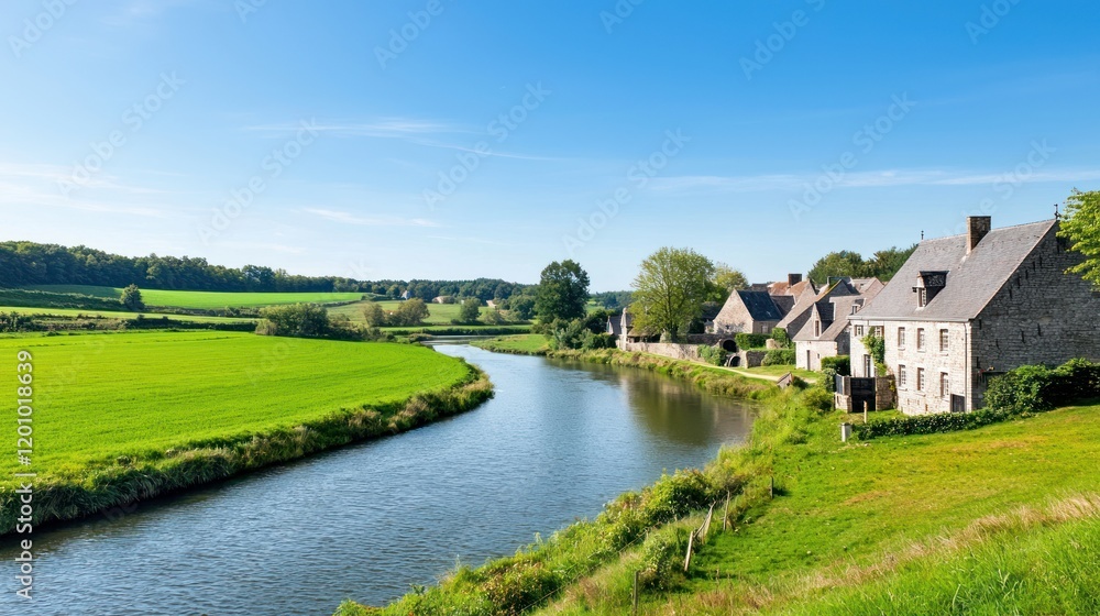 Scenic view of a river winding through lush green countryside. Scenic view of a river winding through lush green countryside.