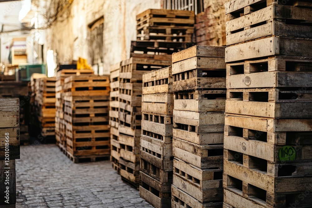 Stacked wooden pallets line a cobblestone alleyway. Stacked wooden pallets line a cobblestone alleyway.