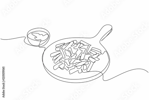 Single one line drawing french fries drizzled with cheese sauce on a round wooden chopping board. Restaurant style serving. National Cheddar Fries Day. Continuous line design graphic illustration