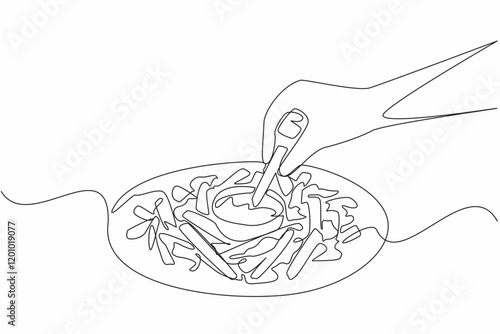 Single continuous line drawing hand dipping french fries into a small bowl of cheese sauce. Perfect combination. Double pleasure. Tasty. National Cheddar Fries Day. One line design vector illustration