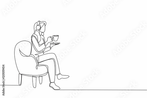 Single one line drawing woman sitting on sofa enjoying warm tea wearing headphones. Double pleasure makes more relaxing. Classical music. National Tea Day. Continuous line design graphic illustration
